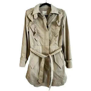 Joie Women’s Gila Trench Coat Ruffle Trim Belted Tan Size Medium
